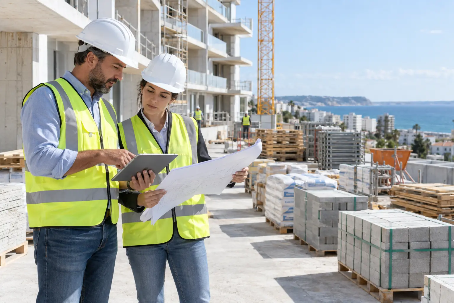 Equipa a organizar materiais numa obra